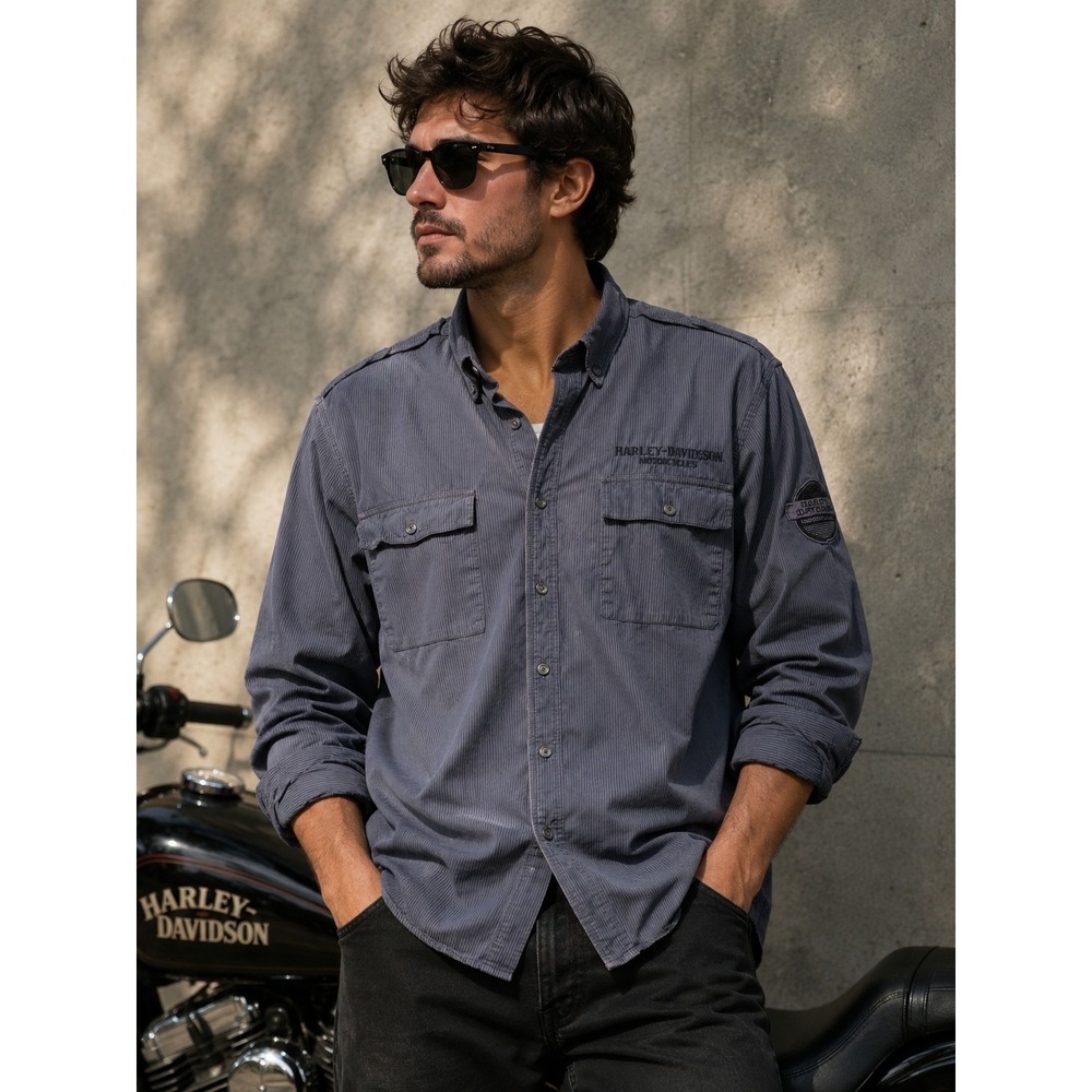 Harley-Davidson Mens 2XL Tall Blue Pinstripe Long Sleeve Button biker work moto